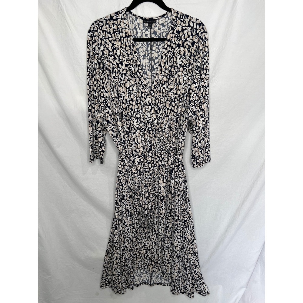 Lane Bryant Black Tan Floral Faux Wrap Maxi Dress‎ Sz 26/28 Long Slv Hi Low Tie